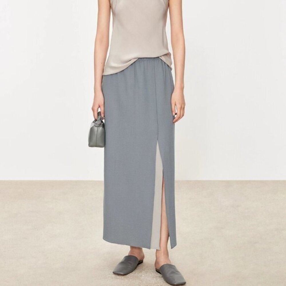 CHICJOC Women Italian Wool and Silk Layered Skirt in Misty Grey Blue Size 38
